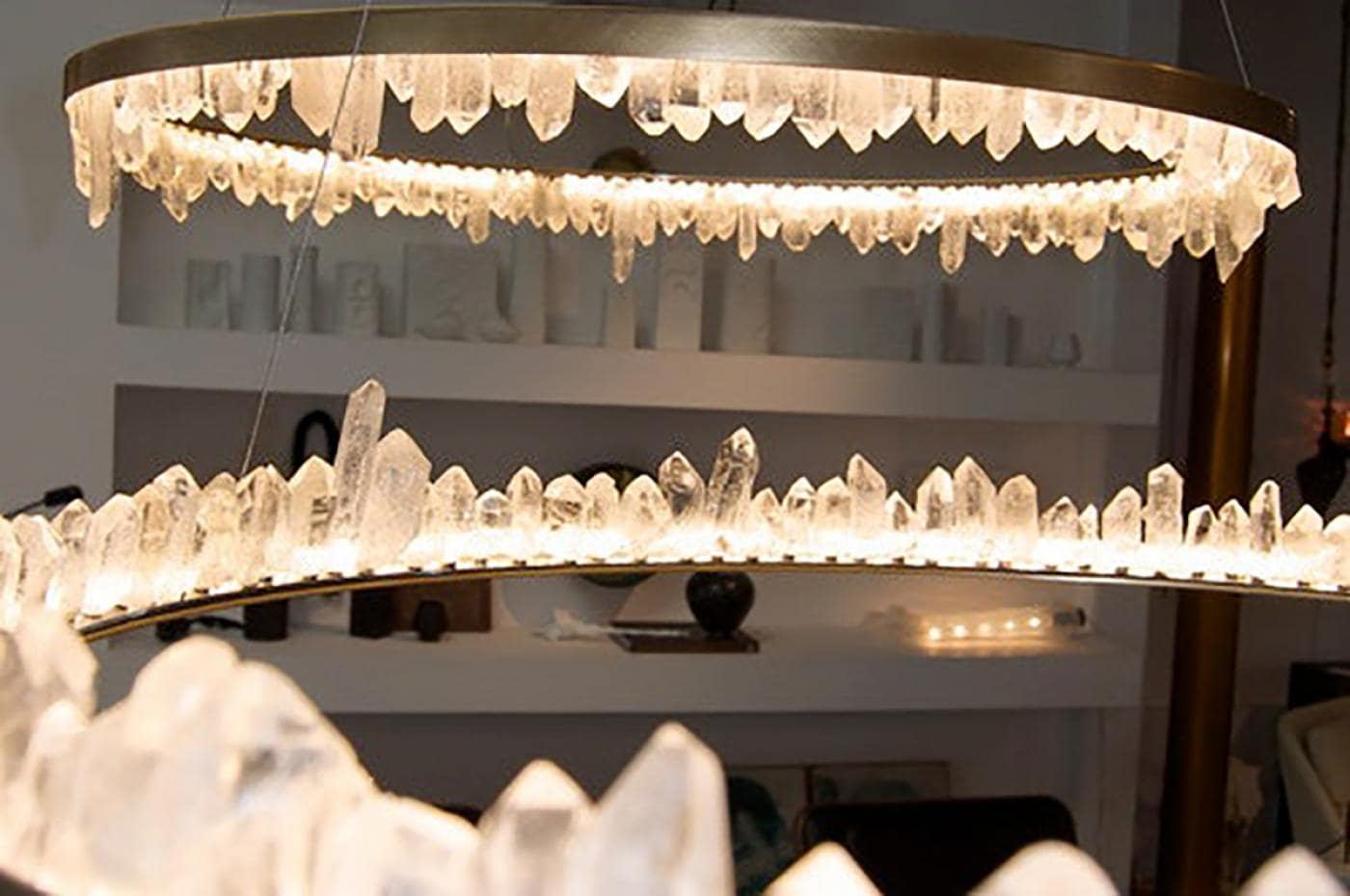 Cervine Round Brass & Clear Geode Quartz Crystal Chandelier 36"