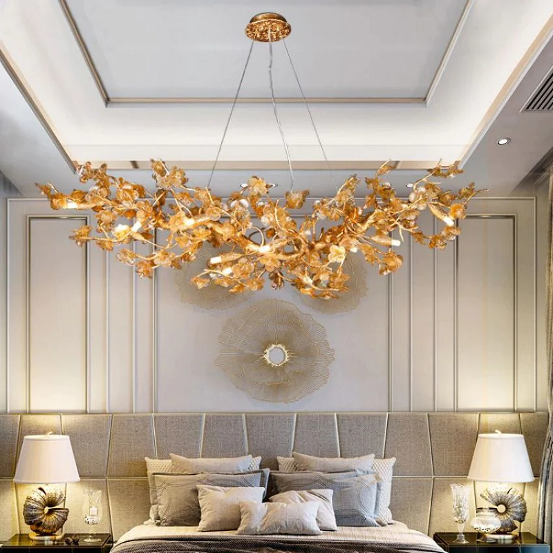 Branch Modern Leaf Linear Gold Brass Chandelier