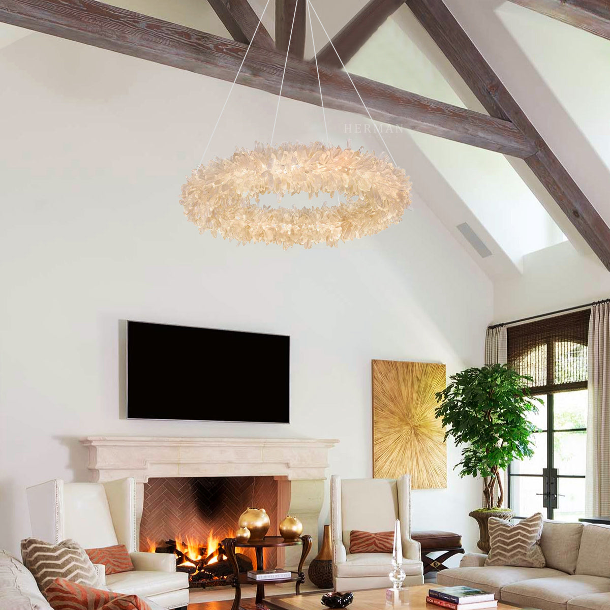 Cervine Round Clear Geode Quartz Crystal Ring Chandelier 24"