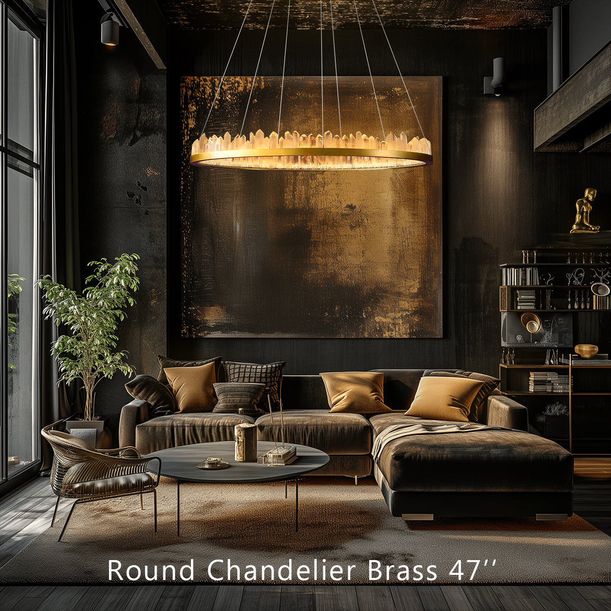 Cervine Round Brass & Clear Geode Quartz Crystal Chandelier 36"