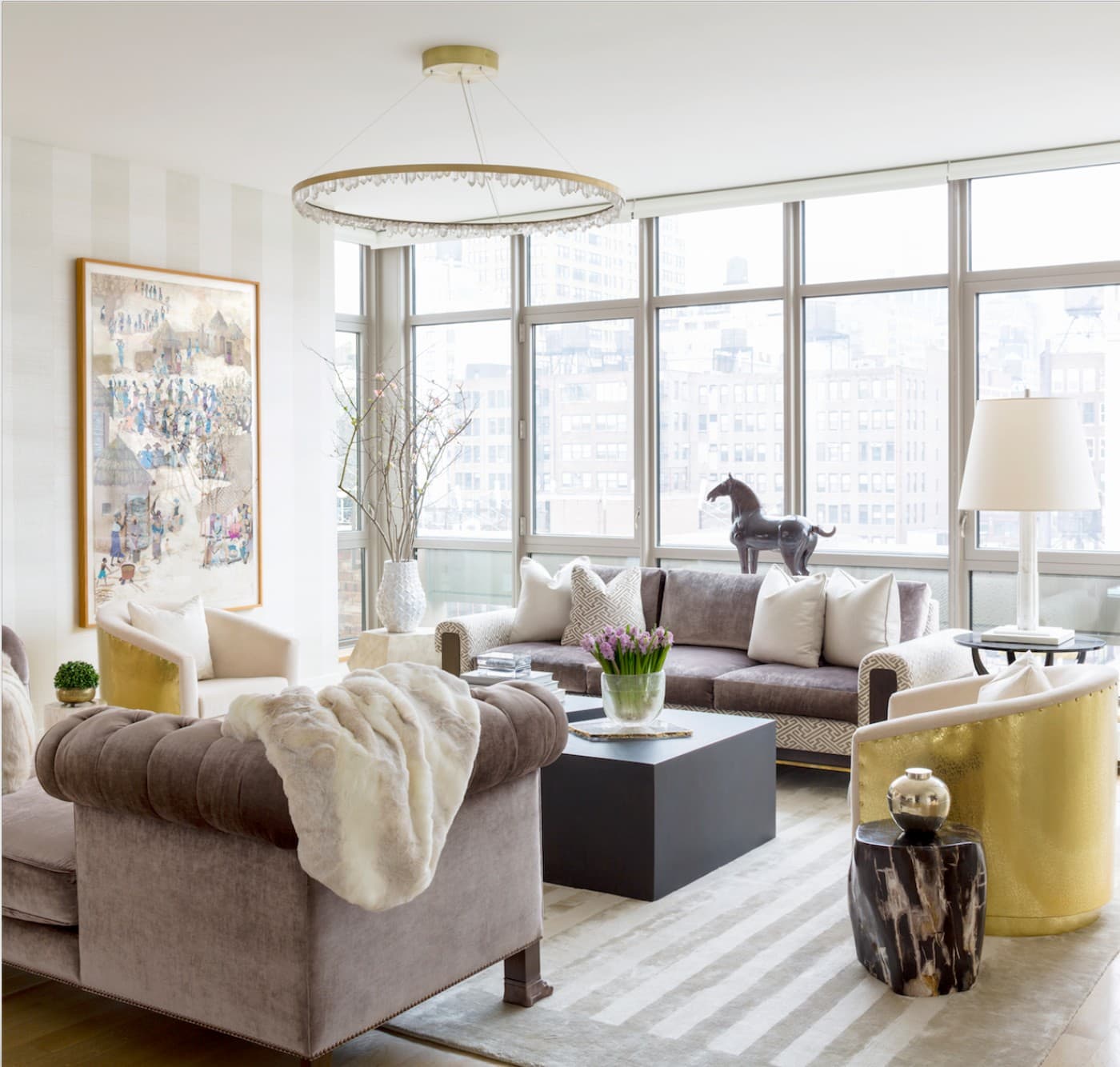 Cervine Round Brass & Clear Geode Quartz Crystal Chandelier 36"