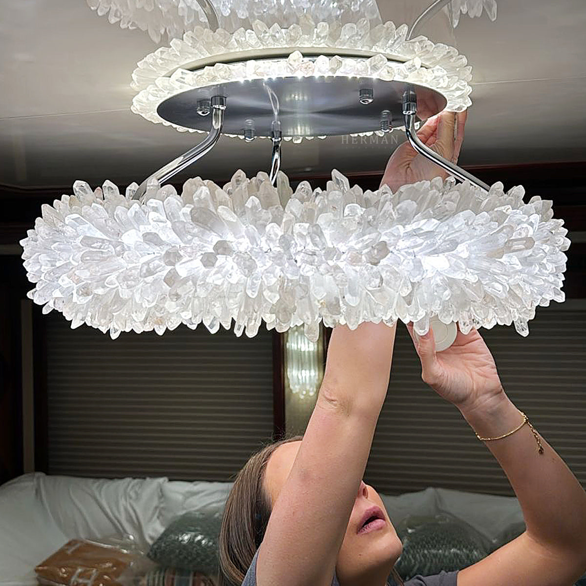 Cervine Round Clear Geode Quartz Crystal Ring Chandelier 24"