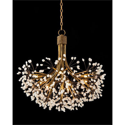 Stone Quartz Nine-Light Chandelier, Gold Leaf Finish with Natural Crystals, G9 Bulbs