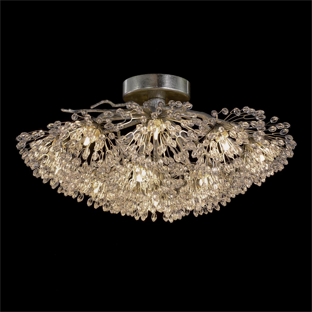 Hanasaku Flower Sixteen-Light Flush Mount in Antique Silver Leaf with Hand-Cut Crystal Accents