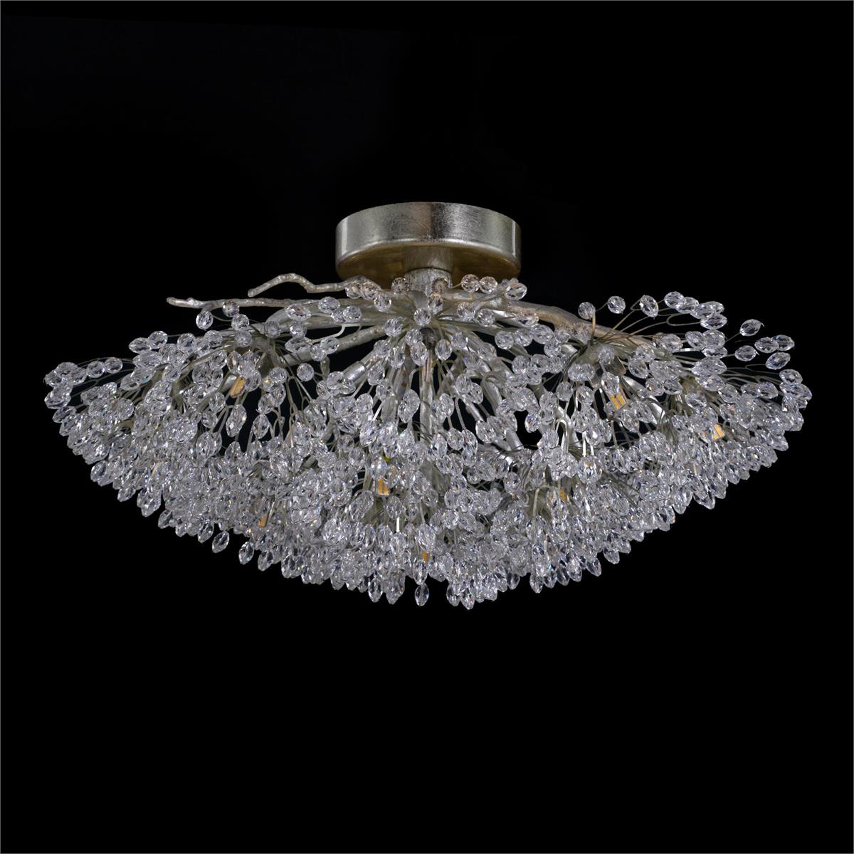 Hanasaku Flower Sixteen-Light Flush Mount in Antique Silver Leaf with Hand-Cut Crystal Accents