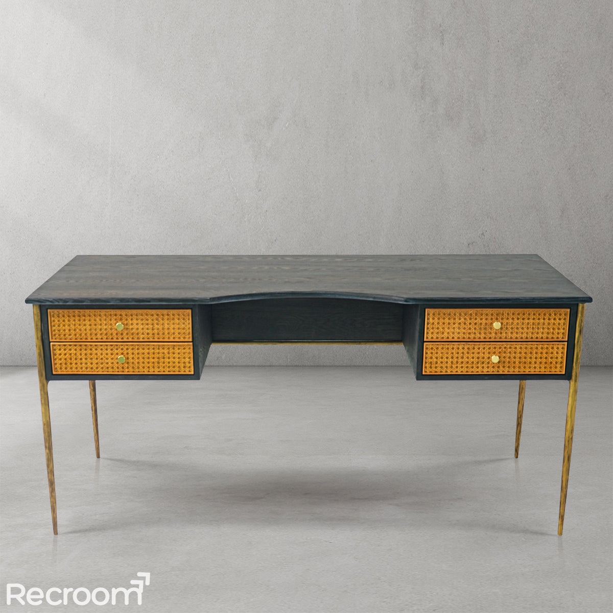 Thaddeo Retro Brass Iron Frame Rattan Desk