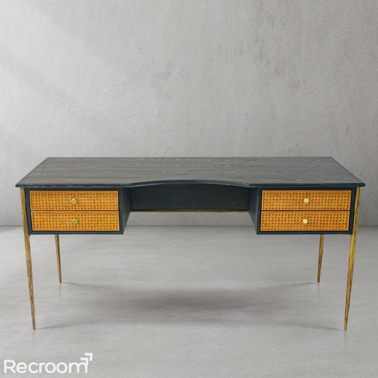 Thaddeo Retro Brass Iron Frame Rattan Desk