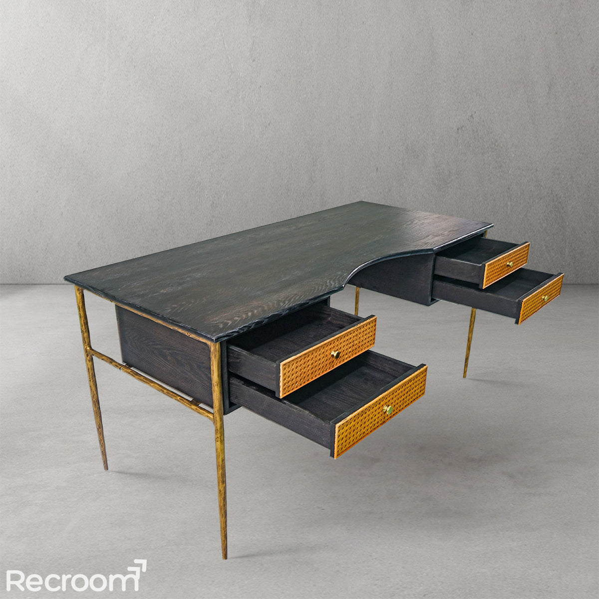 Thaddeo Retro Brass Iron Frame Rattan Desk