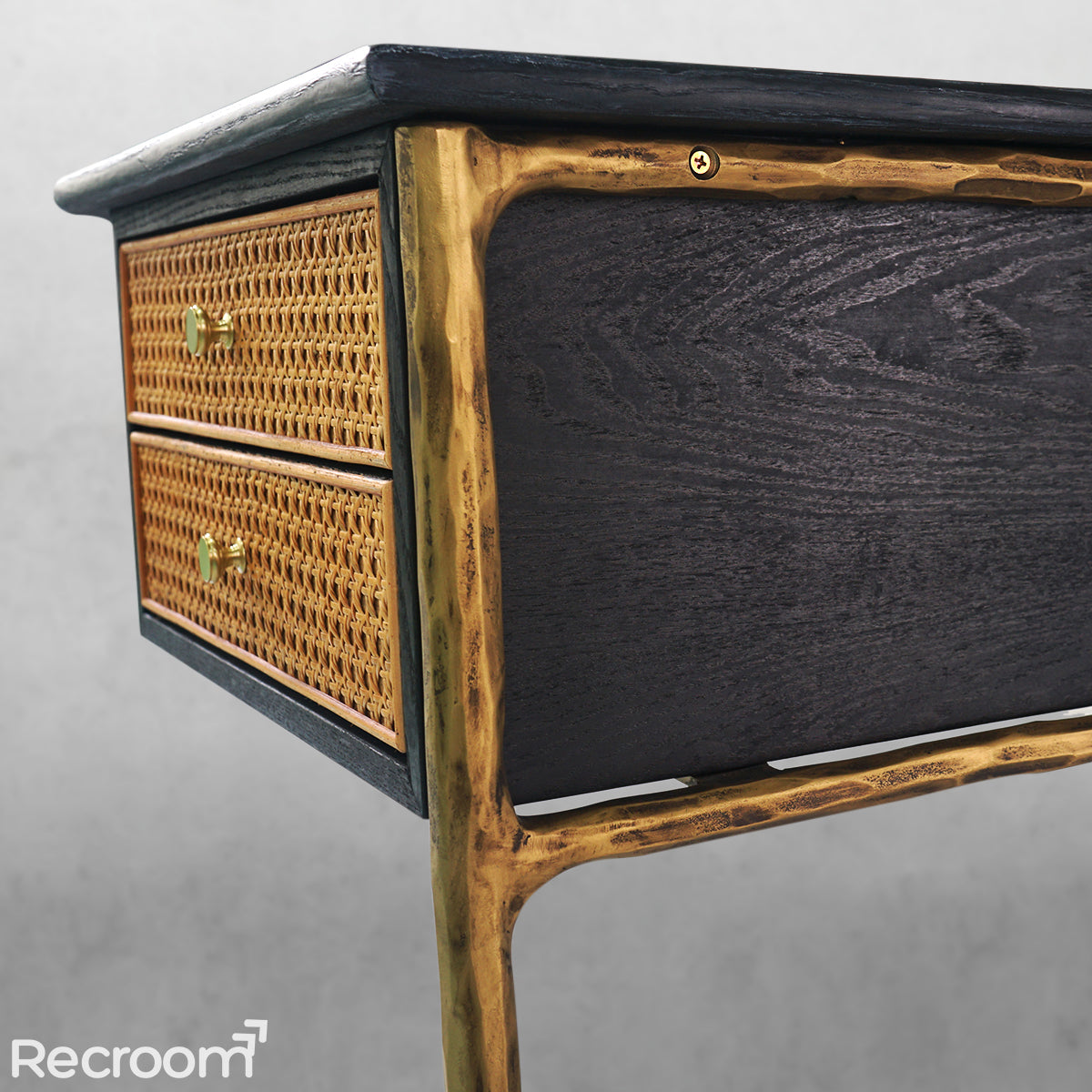 Thaddeo Retro Brass Iron Frame Rattan Desk