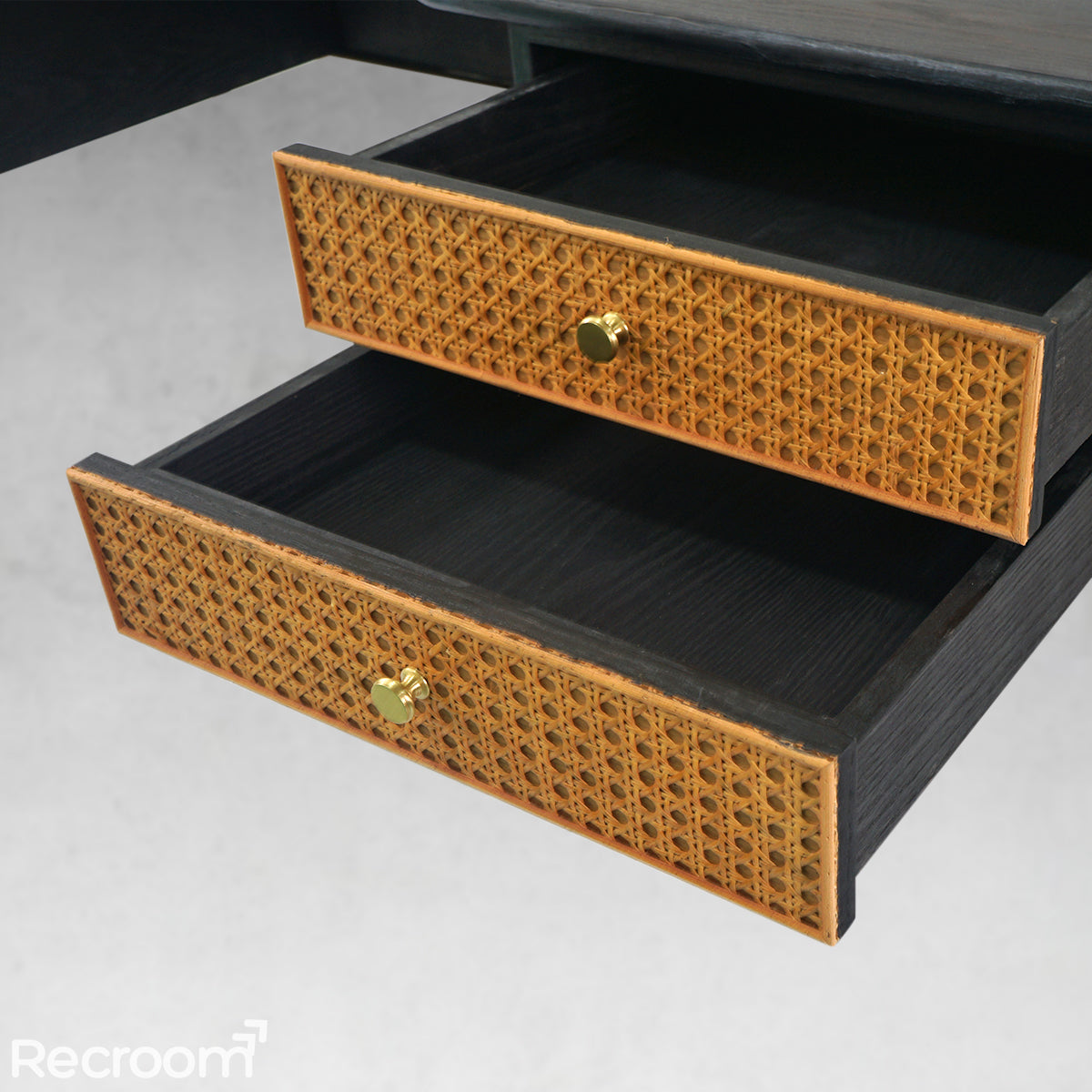 Thaddeo Retro Brass Iron Frame Rattan Desk