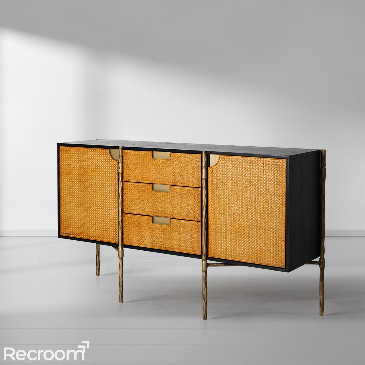 Thaddeo Metal Frame Rattan Side Cabinet