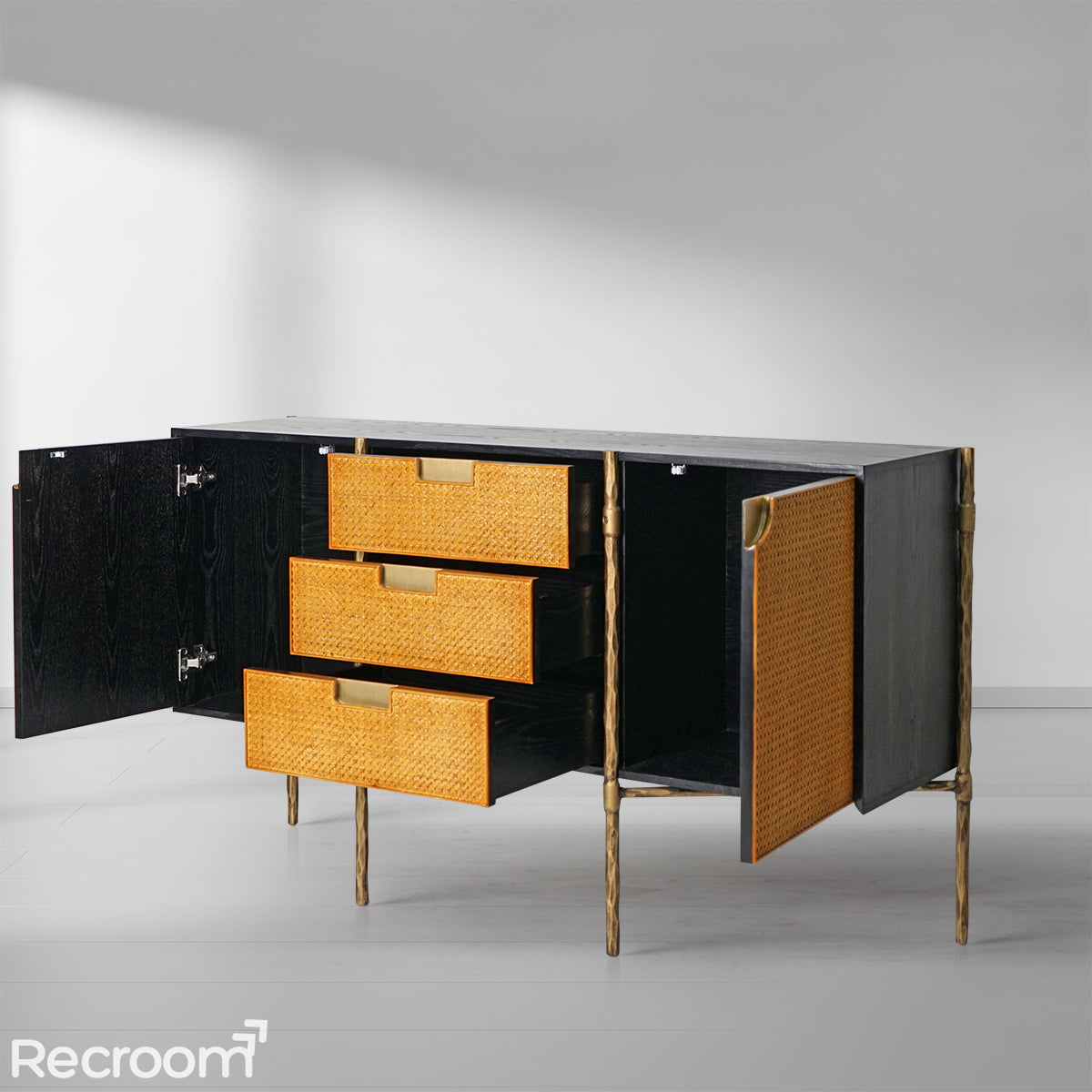 Thaddeo Metal Frame Rattan Side Cabinet