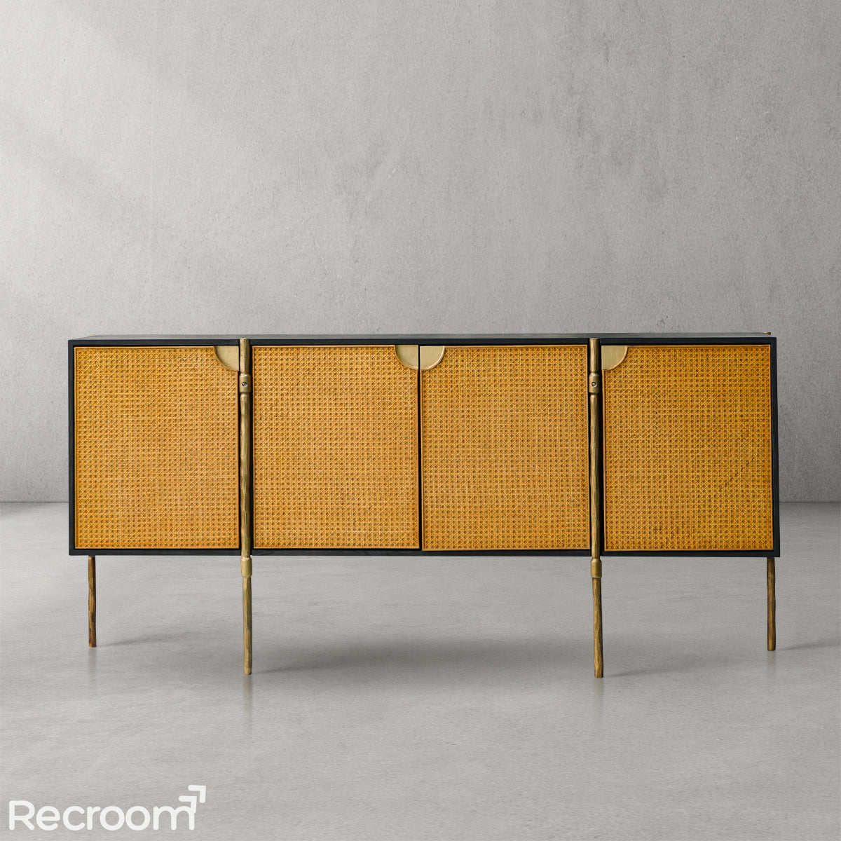 Thaddeo Metal Frame Rattan Long Side Cabinet