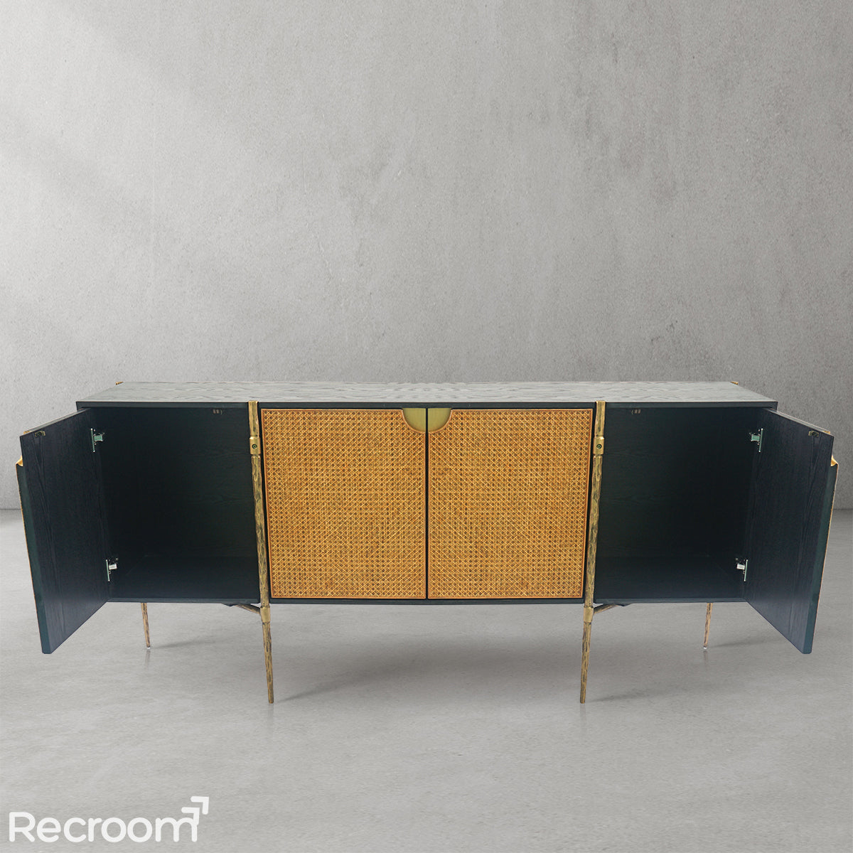 Thaddeo Metal Frame Rattan Long Side Cabinet