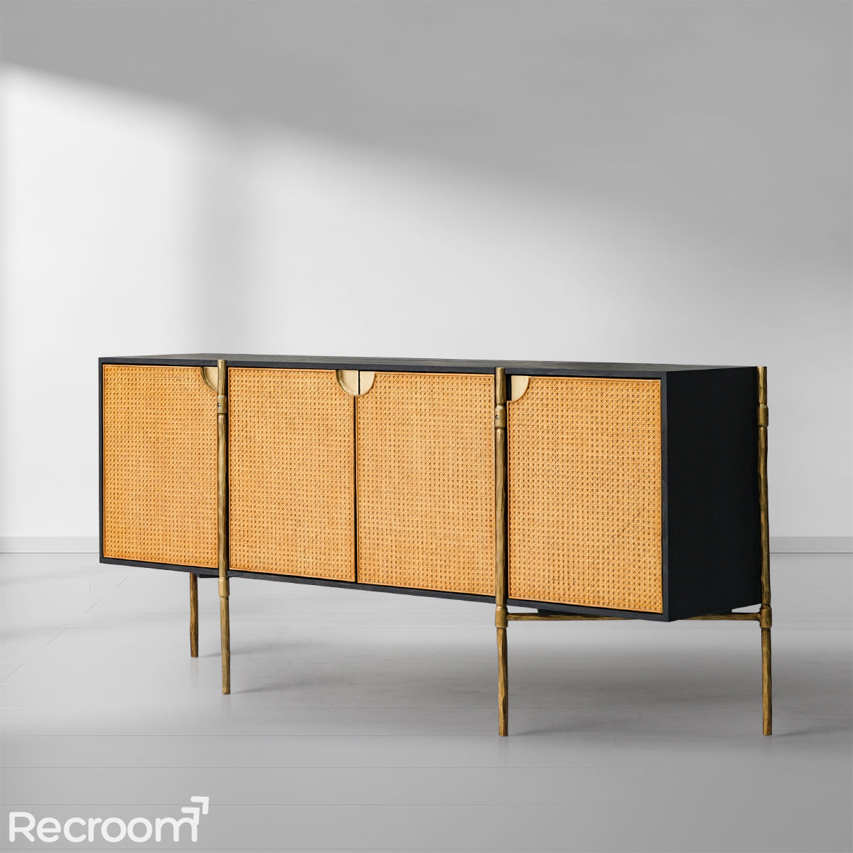 Thaddeo Metal Frame Rattan Long Side Cabinet