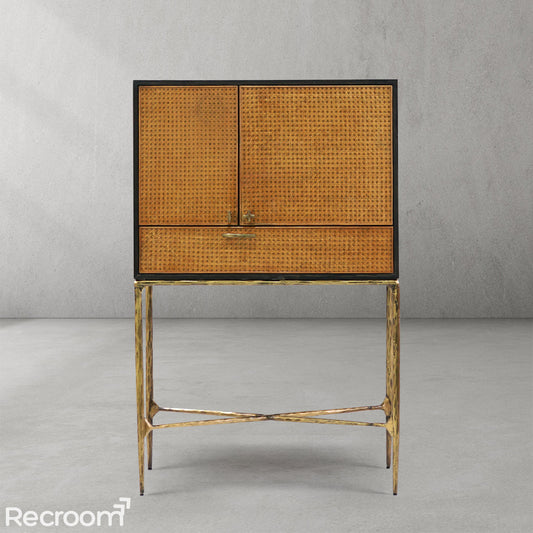 Thaddeo Metal Frame Rattan Cabinet