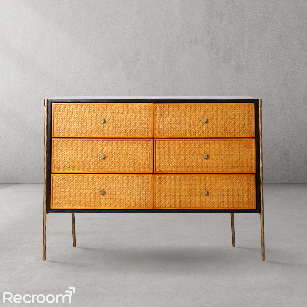 Thaddeo Metal Frame Rattan 6-Drawer Side Cabinet