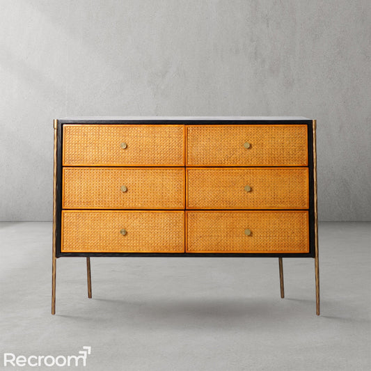 Thaddeo Metal Frame Rattan 6-Drawer Side Cabinet