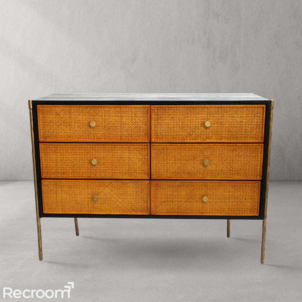 Thaddeo Metal Frame Rattan 6-Drawer Side Cabinet