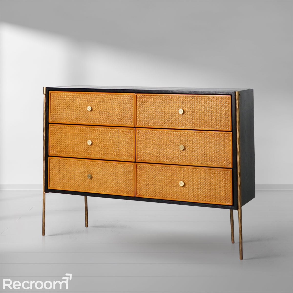 Thaddeo Metal Frame Rattan 6-Drawer Side Cabinet