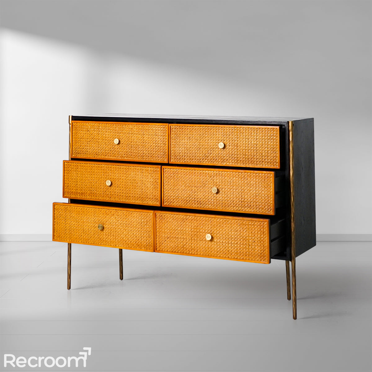 Thaddeo Metal Frame Rattan 6-Drawer Side Cabinet