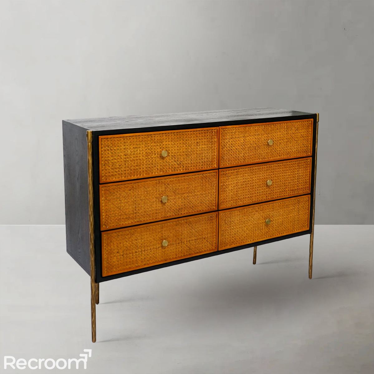 Thaddeo Metal Frame Rattan 6-Drawer Side Cabinet