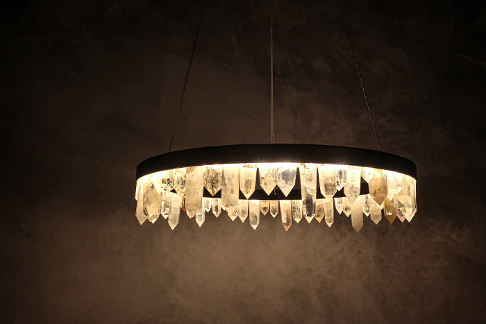 Cervine Round Brass & Clear Geode Quartz Crystal Chandelier 36"