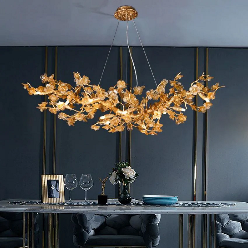 Branch Modern Leaf Linear Gold Brass Chandelier