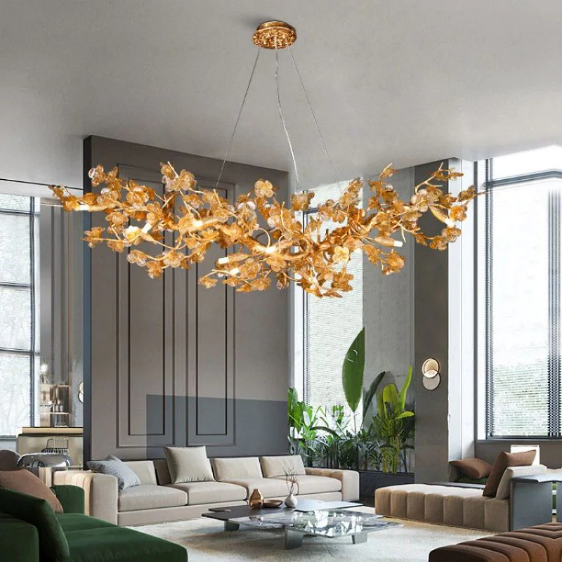 Branch Modern Leaf Linear Gold Brass Chandelier