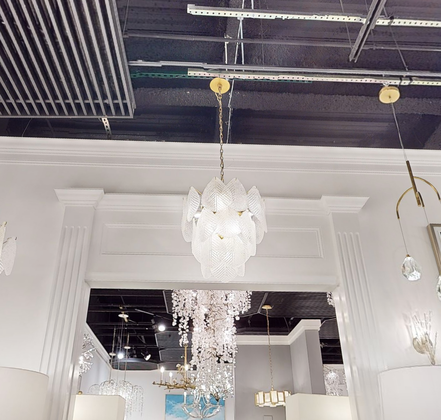 Antique Gold Frosted Glass Nine-Light Chandelier with Cascading Petal Design